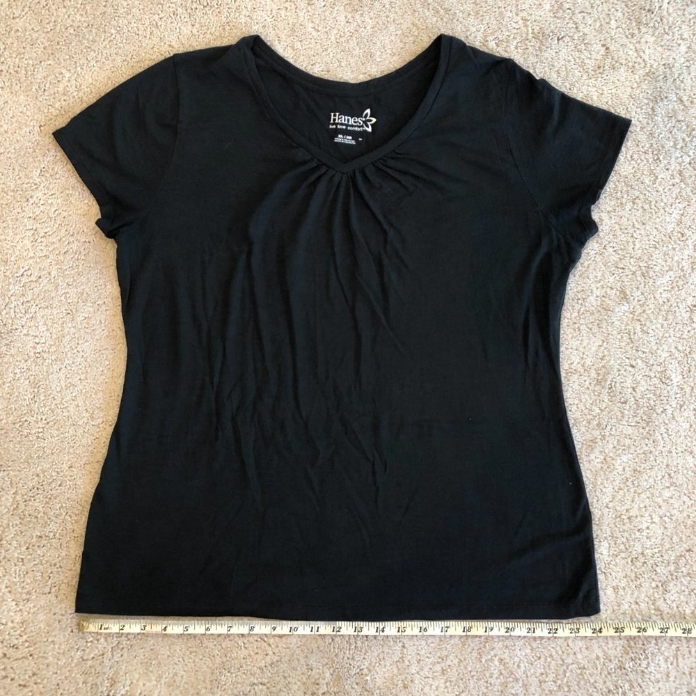 Hanes Live Love Comfort Black Striated V-neck Cap Short-Sleeve Women's Tee Top - Picture 8 of 8